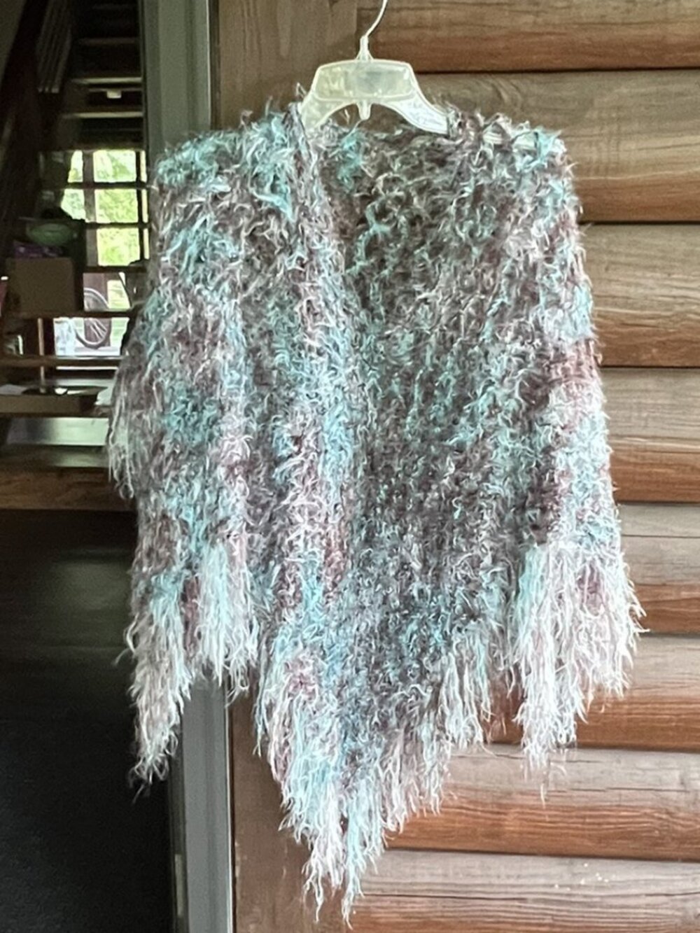 1-of-a-Kind Handmade Crochet Poncho w/Fringe Soft Sparkle Blue/Purple/White Yarn